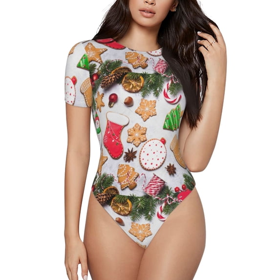 Haiem Christmas Gingerbread Cookies Women's Crew Neck Short Sleeve Bodysuit Tops Stretchy Slim Basic-X-Large