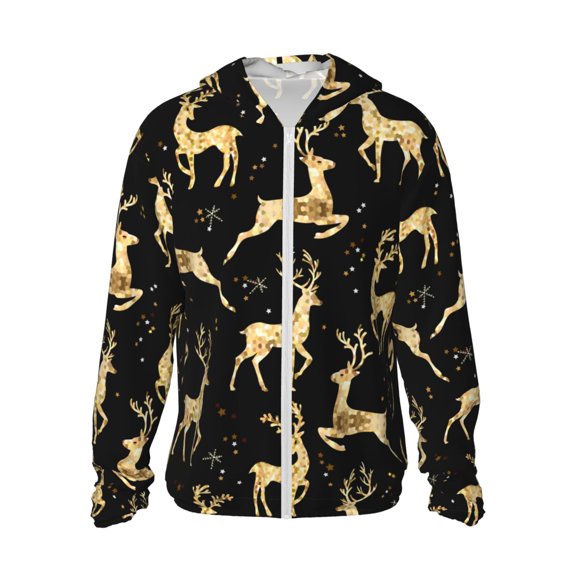 Haiem Christmas Gold Deers UPF 50+ Fishing Shirts for Men Long Sleeve UV Sun Protection Hoodie Non-Mask Outdoor Hiking Shirts