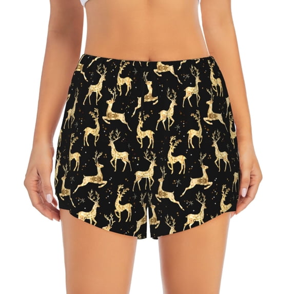 Haiem Christmas Gold Deers Women's 2 in 1 Running Shorts - Lightweight Athletic Workout Gym Yoga Breathable Sports Shorts Liner with Phone Pockets-Small