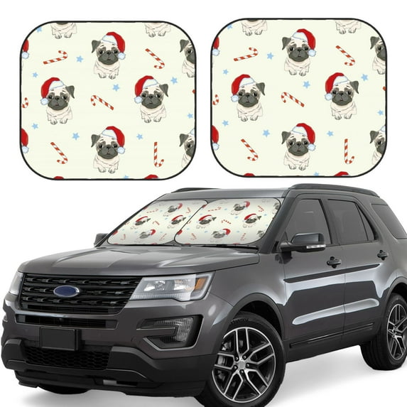 Haiem Christmas Pug Dog Windshield Sun Shade: Universal Foldable 2-Piece Car Front Window Sunshade - Blocks Uv Rays, And Reduces Heat,Essential Car Accessory Small