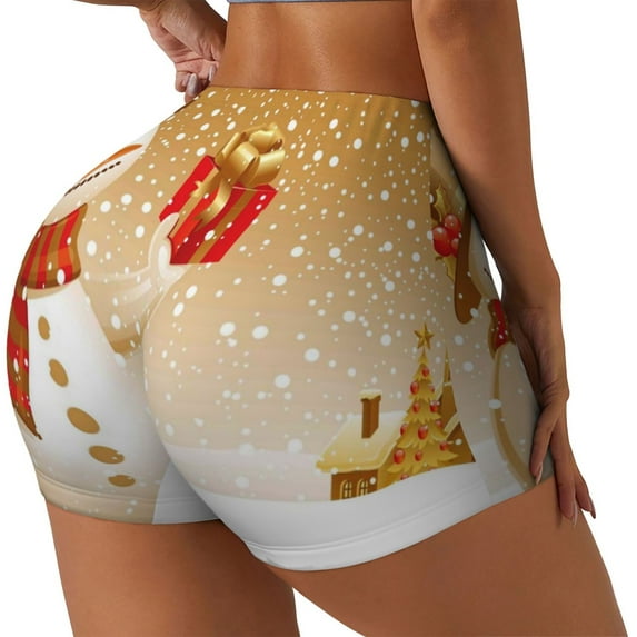 Haiem Christmas Snowman Gift No Front Seam Biker Shorts for Women Yoga Workout Gym Bike Shorts with Tummy Control Moisture-Wicking-Small