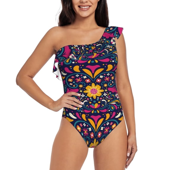 Haiem Cinco De Mayo Floral Women's One Piece Swimsuits Tummy Control One Shoulder Bathing Suits Ruffle Swimwear-Small