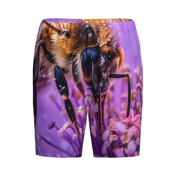 Haiem Closeup Honeybee on Flower Men's Pajama Short with Soft Woven Cotton Elastic Waistband Sleep Short-X-Large