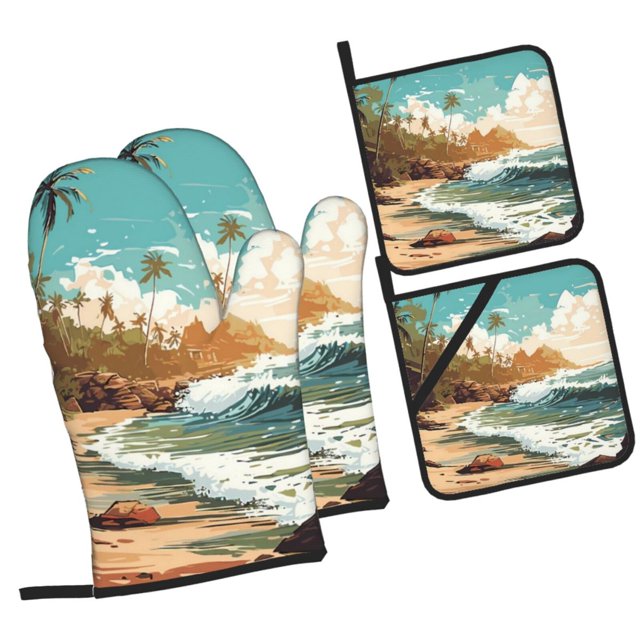 Haiem Coastal Palm Beach Print Extra Long Oven Mitts and Pot Holders