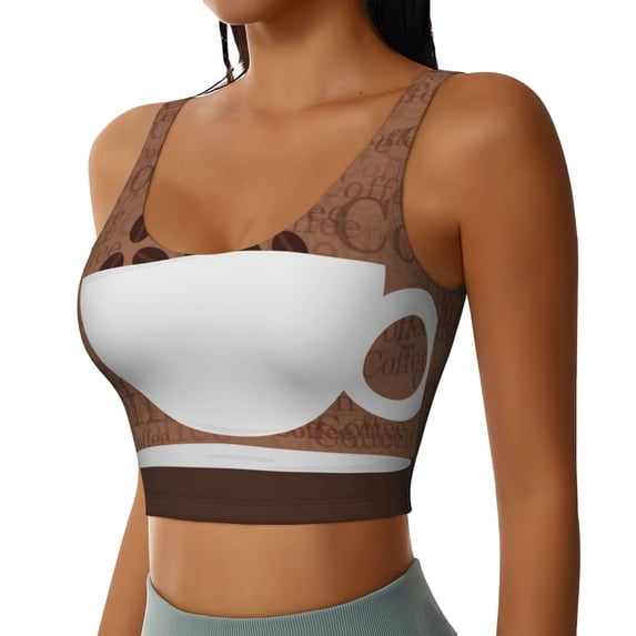 Haiem Coffee Cafe Cup Pattern Womens Sports Bra - U Neck Padded Low Impact Yoga Bra Workout Crop Top Gym Moisture-Wicking Workout Vest -