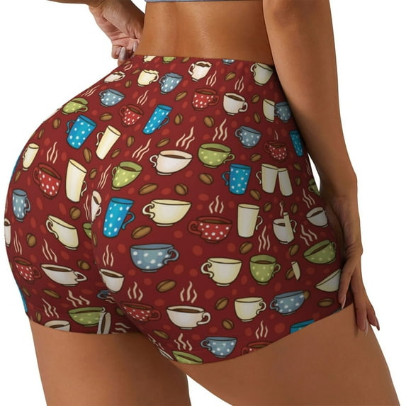 Haiem Coffee Cups No Front Seam Biker Shorts for Women Yoga Workout Gym Bike Shorts with Tummy Control Moisture-Wicking-