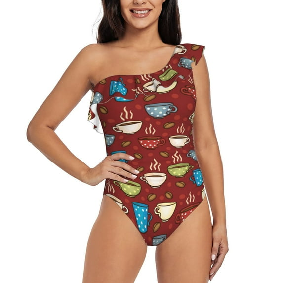 Haiem Coffee Cups Women's One Piece Swimsuits Tummy Control One Shoulder Bathing Suits Ruffle Swimwear-Large