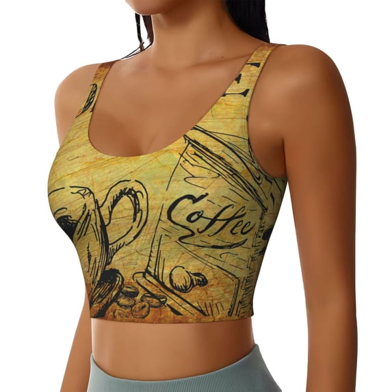 Haiem Coffee Vintage Pattern Womens Sports Bra - U Neck Padded Low Impact Yoga Bra Workout Crop Top Gym Moisture-Wicking Workout Vest -XX-Large