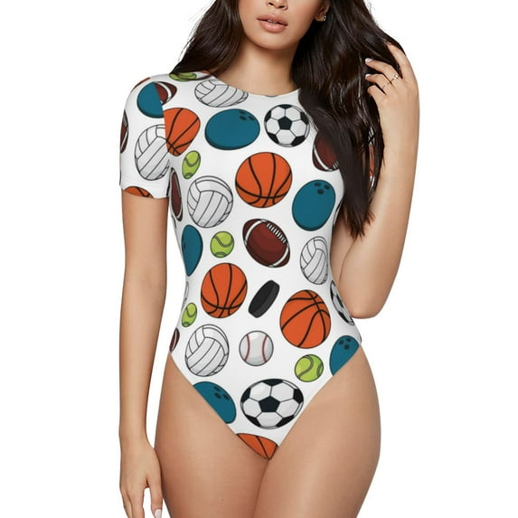 Haiem Color Balls Women's Crew Neck Short Sleeve Bodysuit Tops Stretchy Slim Basic-X-Large
