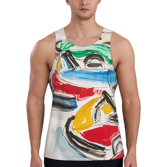 Haiem Colorful Abstract Bumper Cars Men Workout Tank Top Gym Bodybuilding Sleeveless Muscle T Shirts Athletic Tank Breathable Workout Shirt-3X-Large