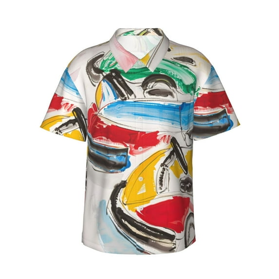 Haiem Colorful Abstract Bumper Cars Printed Hawaiian Shirt for Men - Men’s Casual Beach Summer Shirts - Stretch Fabric with Modern Fit-X-Large
