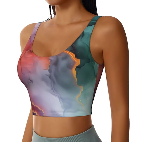 Haiem Colorful Abstract Waves Pattern Womens Sports Bra - U Neck Padded Low Impact Yoga Bra Workout Crop Top Gym Moisture-Wicking Workout Vest -XX-Large