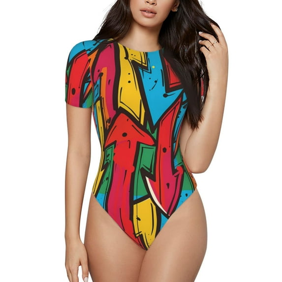 Haiem Colorful Arrow Graffiti Pattern Women's Crew Neck Short Sleeve Bodysuit Tops Stretchy Slim Basic-Large