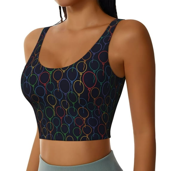 Haiem Colorful Balloons Pattern Womens Sports Bra - U Neck Padded Low Impact Yoga Bra Workout Crop Top Gym Moisture-Wicking Workout Vest -