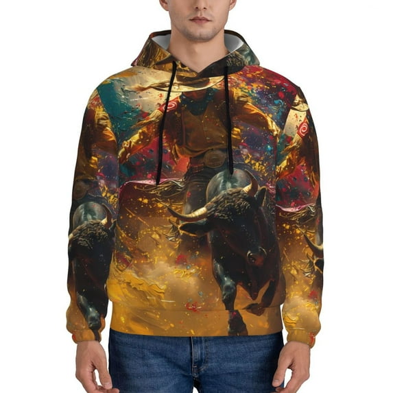 Haiem Colorful Bull Western Man Patterned Men's Hoodie with Kangaroo Pocket - Ideal Pullover Sweatshirt for Daily Wear, Travel, and Home-Small