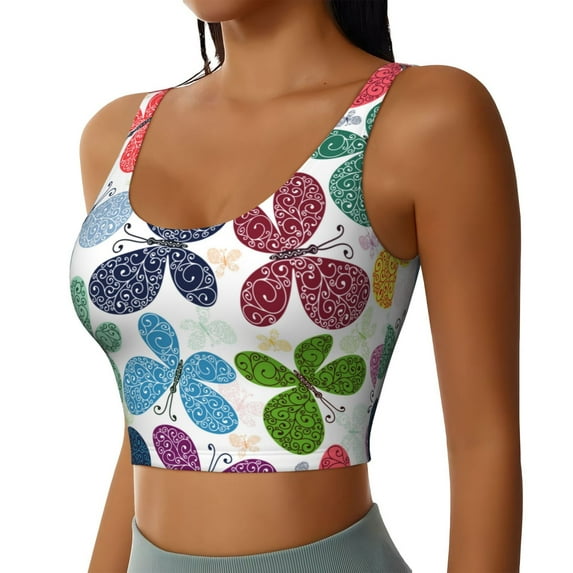 Haiem Colorful Butterflies Pattern Womens Sports Bra - U Neck Padded Low Impact Yoga Bra Workout Crop Top Gym Moisture-Wicking Workout Vest -Small