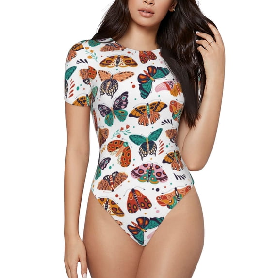 Haiem Colorful Butterfly Women's Crew Neck Short Sleeve Bodysuit Tops Stretchy Slim Basic-Medium