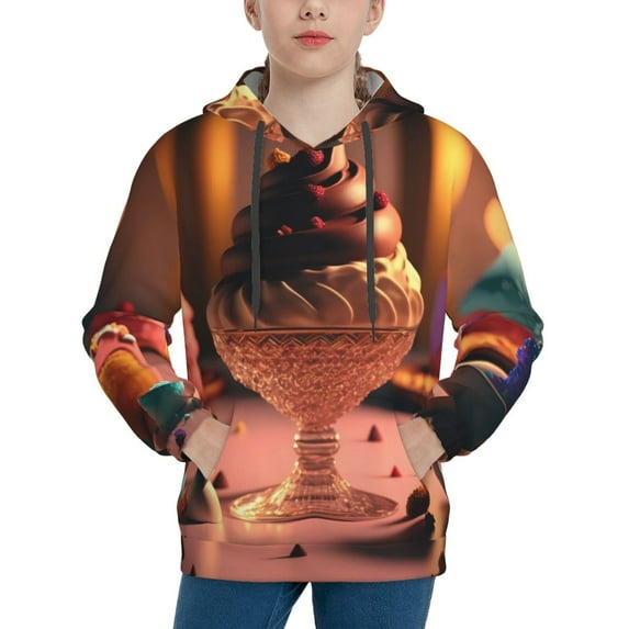 Haiem Colorful Cake Ice Cream Pattern Boys Hoodie, Youth Pullover Hooded Sweatshirt, Kangaroo Pocket Hoodie for Kids Girls -Medium