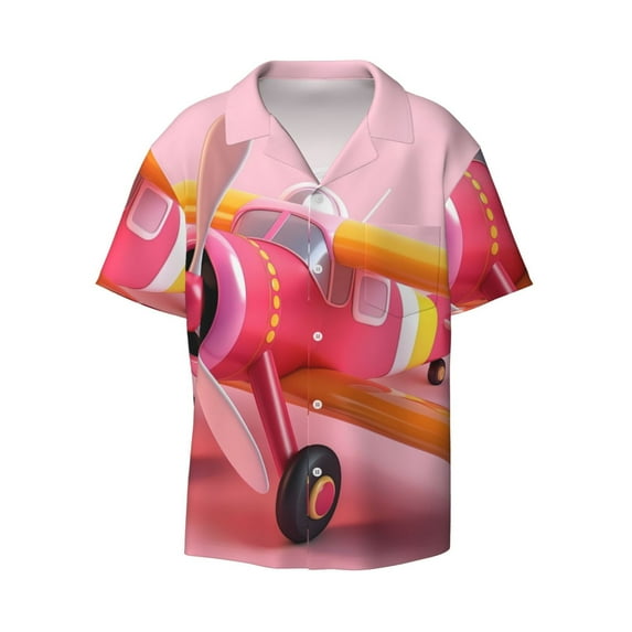 Haiem Colorful Cartoon Biplane Men's Casual Shirts Short Sleeve Button Down Shirts Fashion Textured Summer Beach Shirt-Medium
