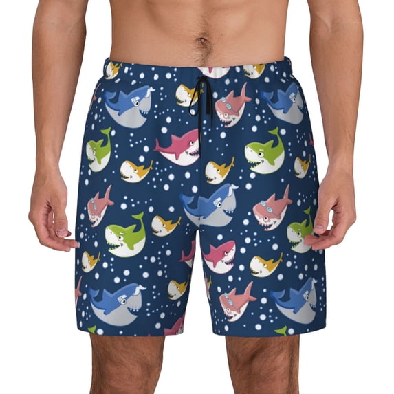 Haiem Colorful Cartoon Shark Mens Swim Trunks with Compression Liner 2 in 1 Swimming Shorts Stretch Swimwear Quick Dry,Board Shorts-X-Large