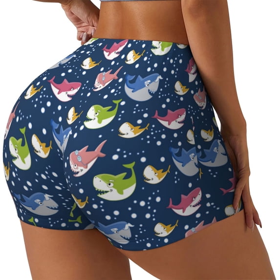 Haiem Colorful Cartoon Shark No Front Seam Biker Shorts for Women Yoga Workout Gym Bike Shorts with Tummy Control Moisture-Wicking-Small