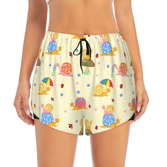 Haiem Colorful Cartoon Snail Women's 2 in 1 Running Shorts - Lightweight Athletic Workout Gym Yoga Breathable Sports Shorts Liner with Phone Pockets-Large