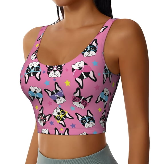 Haiem Colorful Cute French Bulldog Pattern Womens Sports Bra - U Neck Padded Low Impact Yoga Bra Workout Crop Top Gym Moisture-Wicking Workout Vest -