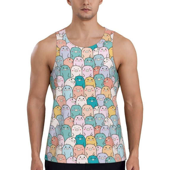 Haiem Colorful Cute Pig Men Workout Tank Top Gym Bodybuilding Sleeveless Muscle T Shirts Athletic Tank Breathable Workout Shirt-X-Large