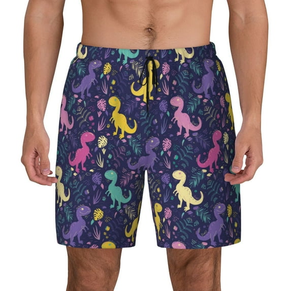 Haiem Colorful Dinosaur Mens Swim Trunks with Compression Liner 2 in 1 Swimming Shorts Stretch Swimwear Quick Dry,Board Shorts-Small