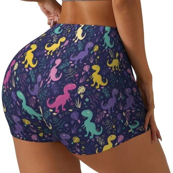 Haiem Colorful Dinosaur No Front Seam Biker Shorts for Women Yoga Workout Gym Bike Shorts with Tummy Control Moisture-Wicking-Medium
