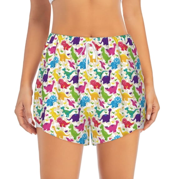 Haiem Colorful Dinosaurs Women's 2 in 1 Running Shorts - Lightweight Athletic Workout Gym Yoga Breathable Sports Shorts Liner with Phone Pockets-Medium