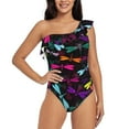 thumbnail image 1 of Haiem Colorful Dragonflies Women's One Piece Swimsuits Tummy Control One Shoulder Bathing Suits Ruffle Swimwear-X-Large, 1 of 8