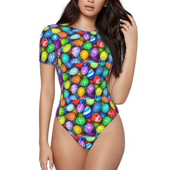 Haiem Colorful Easter Eggs1 Women's Crew Neck Short Sleeve Bodysuit Tops Stretchy Slim Basic-Medium