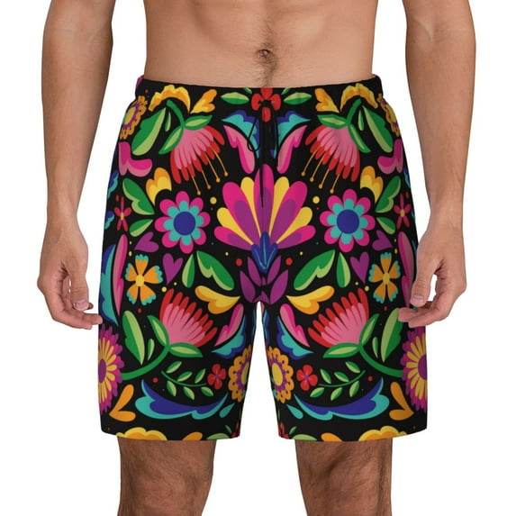 Haiem Colorful Floral Embroidery Mexican Mens Swim Trunks with Compression Liner 2 in 1 Swimming Shorts Stretch Swimwear Quick Dry,Board Shorts-XX-Large