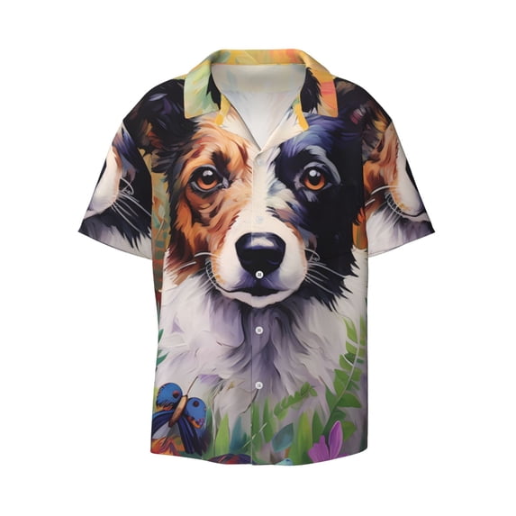 Haiem Colorful Flower Dog Men's Casual Shirts Short Sleeve Button Down Shirts Fashion Textured Summer Beach Shirt-XX-Large