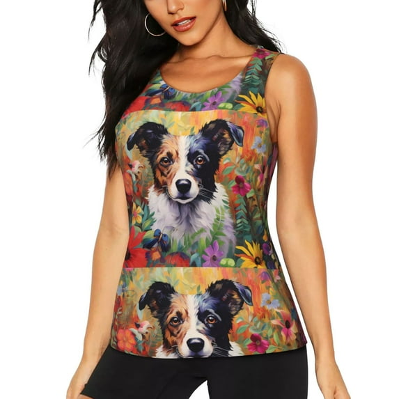Haiem Colorful Flower Dog Printed Women's Workout Tank Top, Quick-Dry Sleeveless Gym Shirt, Breathable Lightweight Athletic Top for Running, Yoga, and Casual Wear-Large