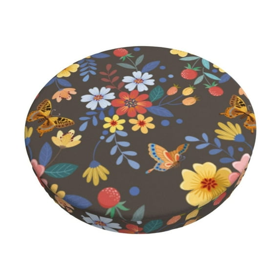 Haiem Colorful Flowers with Butterfly Cushion Round Bar Chair Seat Cover Bar Chair Cushion Covers Elastic Washable Bar Chair Cover,Protects from Scratches and Stains-13 inch