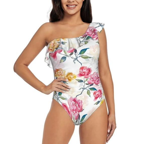 Haiem Colorful Flowers Women's One Piece Swimsuits Tummy Control One Shoulder Bathing Suits Ruffle Swimwear-Small