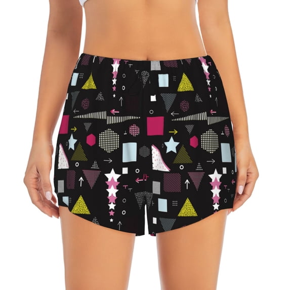 Haiem Colorful Geometry Women's 2 in 1 Running Shorts - Lightweight Athletic Workout Gym Yoga Breathable Sports Shorts Liner with Phone Pockets-Small