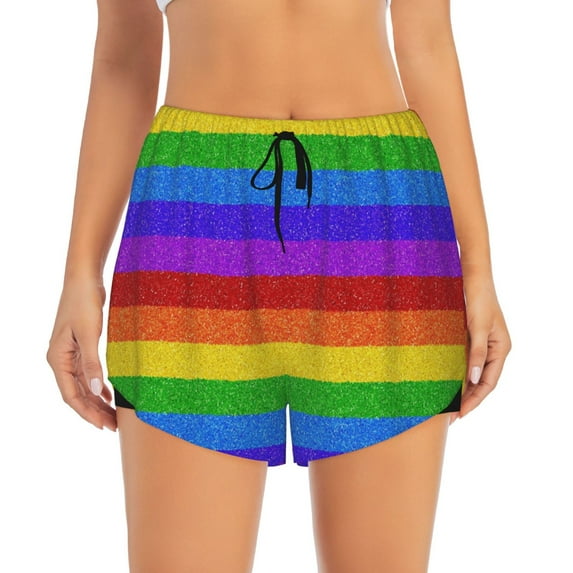 Haiem Colorful Glitter Rainbow Women's 2 in 1 Running Shorts - Lightweight Athletic Workout Gym Yoga Breathable Sports Shorts Liner with Phone Pockets-XX-Large