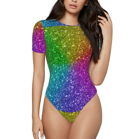 Haiem Colorful Glitter Women's Crew Neck Short Sleeve Bodysuit Tops Stretchy Slim Basic-Medium