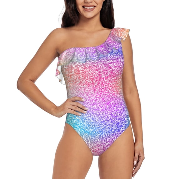 Haiem Colorful Glitters Women's One Piece Swimsuits Tummy Control One Shoulder Bathing Suits Ruffle Swimwear-X-Large
