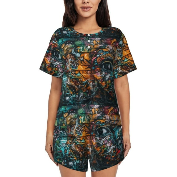 Haiem Colorful Graffiti Abstract Eye Pattern Pajama Set for Women 2 Piece Lounge Set Short Sleeve Tops and Shorts Soft Sleepwear-Medium
