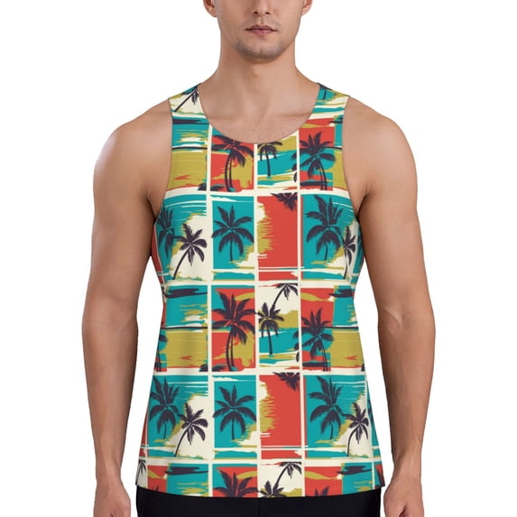 Haiem Colorful Hawaii Palms Men Workout Tank Top Gym Bodybuilding Sleeveless Muscle T Shirts Athletic Tank Breathable Workout Shirt-Medium