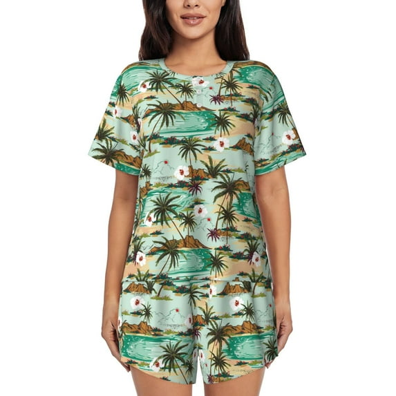 Haiem Colorful Hawaii Palms Pattern Pajama Set for Women 2 Piece Lounge Set Short Sleeve Tops and Shorts Soft Sleepwear-3X-Large