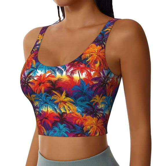 Haiem Colorful Hawaii Palms Pattern Womens Sports Bra - U Neck Padded Low Impact Yoga Bra Workout Crop Top Gym Moisture-Wicking Workout Vest -Large