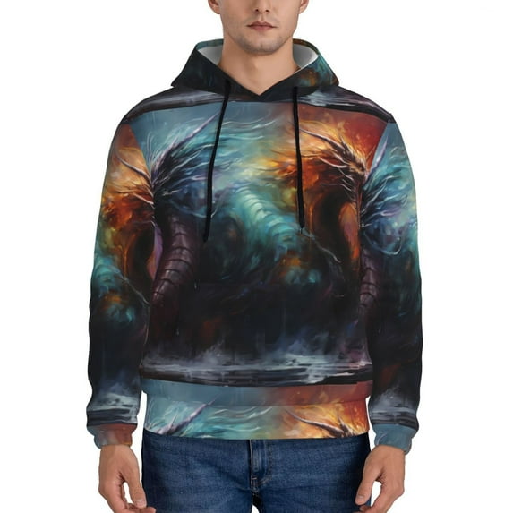 Haiem Colorful Ink Style Dragon Patterned Men's Hoodie with Kangaroo Pocket - Ideal Pullover Sweatshirt for Daily Wear, Travel, and Home-X-Large