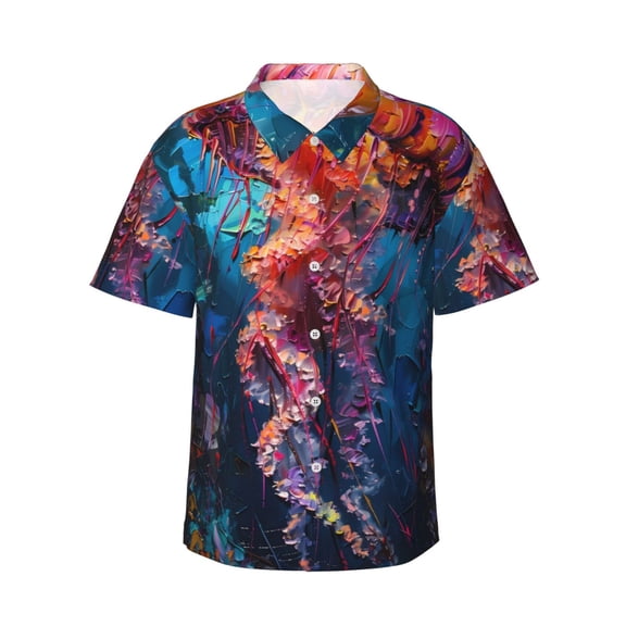 Haiem Colorful Jellyfish Abstract Printed Hawaiian Shirt for Men - Men’s Casual Beach Summer Shirts - Stretch Fabric with Modern Fit-Medium
