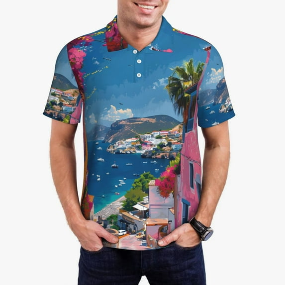 Haiem Colorful Mediterranean Village Pattern Mens Polo Shirts Quick Dry Short Sleeve Golf T Shirt Performance Moisture Wicking Casual Workout-4X-Large