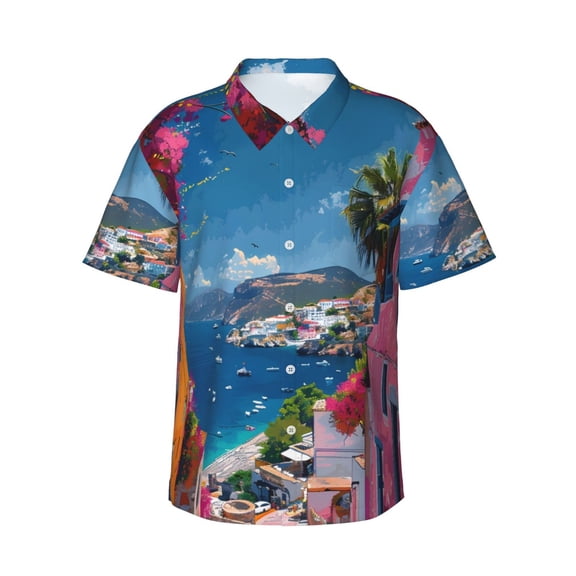Haiem Colorful Mediterranean Village Printed Hawaiian Shirt for Men - Men’s Casual Beach Summer Shirts - Stretch Fabric with Modern Fit-Medium